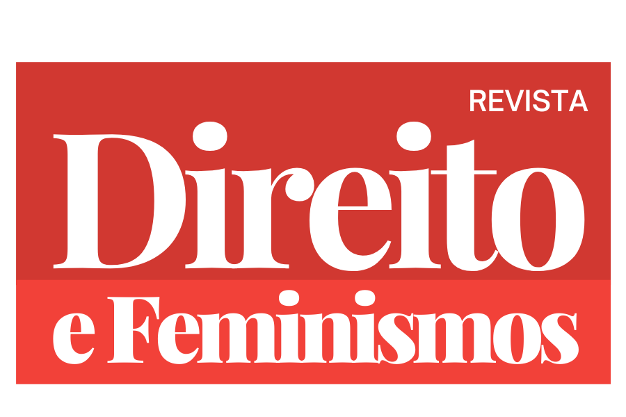 Logomarca da revista Direito e Feminismos em dois tons de vermelho e letras brancas.